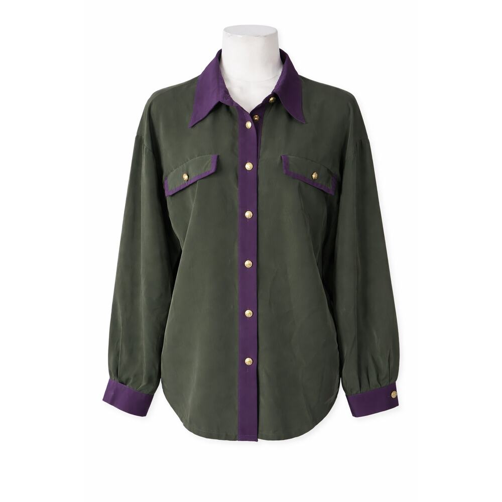 Piera Bertolasi Olive & Purple 100% Silk Blouse Gold Button Vintage Chic Small